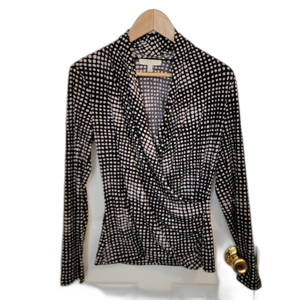 Chaus New York Black And White Print Long Sleeve Wrap Around Blouse Size S
